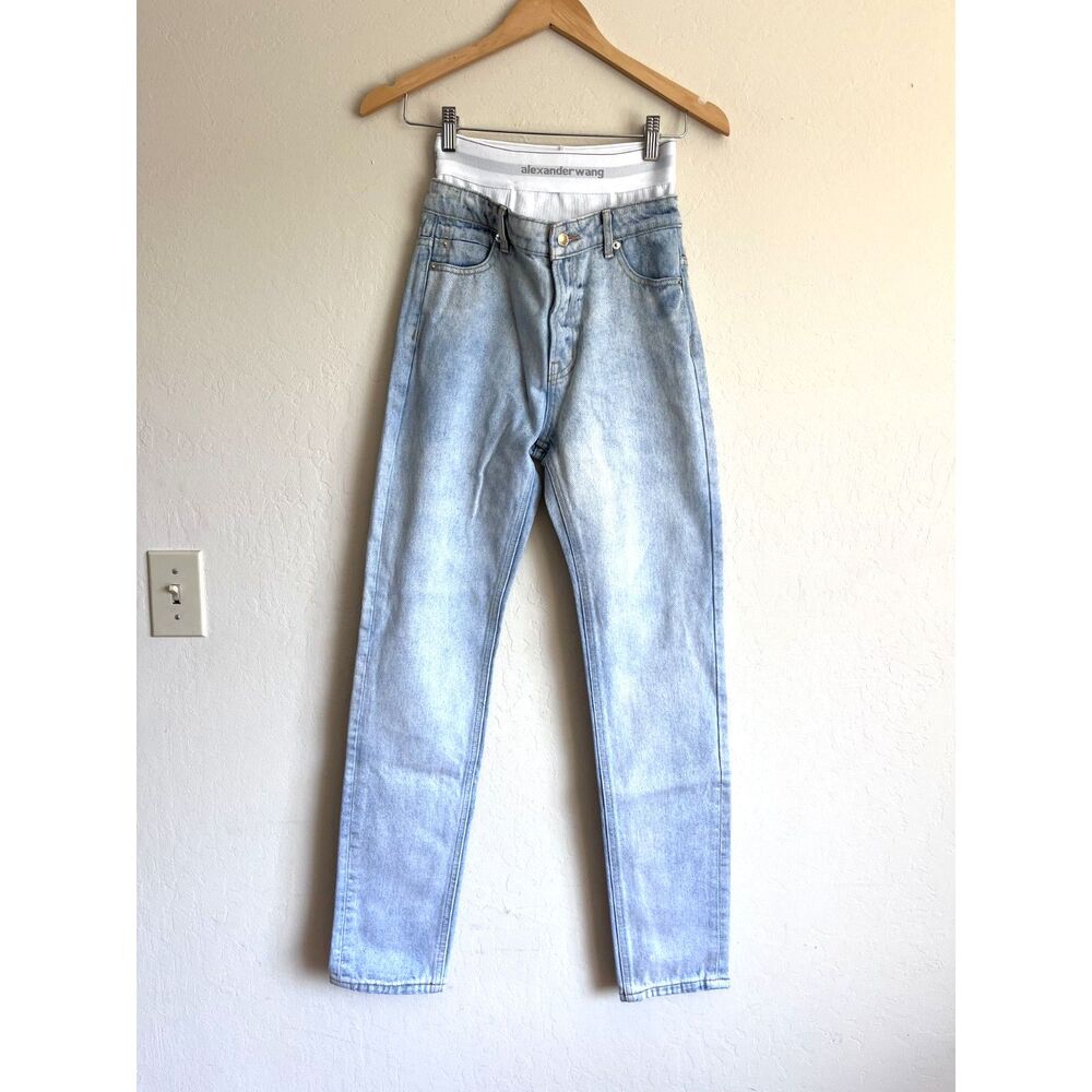 Alexander Wang Logo Waistband Straight Leg Jeans Light Wash Blue Denim Size 24